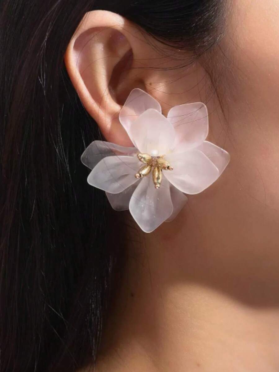 1 Paar doppellagige Ohrringe mit konservierten Blütenblättern, elegante vielseitige Vintage-Ohrstecker für den täglichen Gebrauch für Frauen - Weiss - Übersicht 1