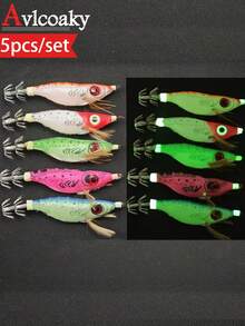 Avlcoaky 5pcs/Set Nightglow Fishing Shrimp Shrimp Squid Hook Lure Sea Fishing Luminous Squid Jig Set - Multicolor - View 1