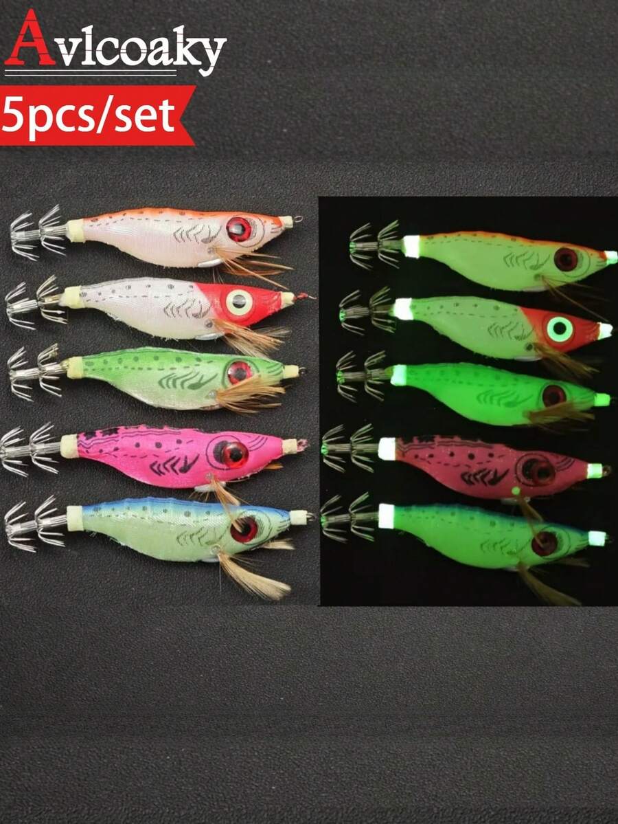 Avlcoaky 5pcs/Set Nightglow Fishing Shrimp Shrimp Squid Hook Lure Sea Fishing Luminous Squid Jig Set - Multicolor - View 1