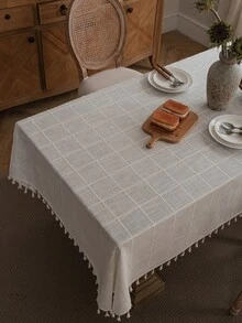 Bubaba Farmhouse Textured Plaid Tassel Tablecloth, Linen-Feel Rectangular Dining Table Cover, French Country Kitchen And Dining Room Decor - Multicolor - View 10
