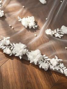 1 pieza Velo de novia con cola larga con flores 3D y cuentas con peine para el cabello, longitud hasta los dedos, longitud de vals, adecuado para boda en iglesia, fiesta, fotografía de boda - Blanco-Yo - Ver 3