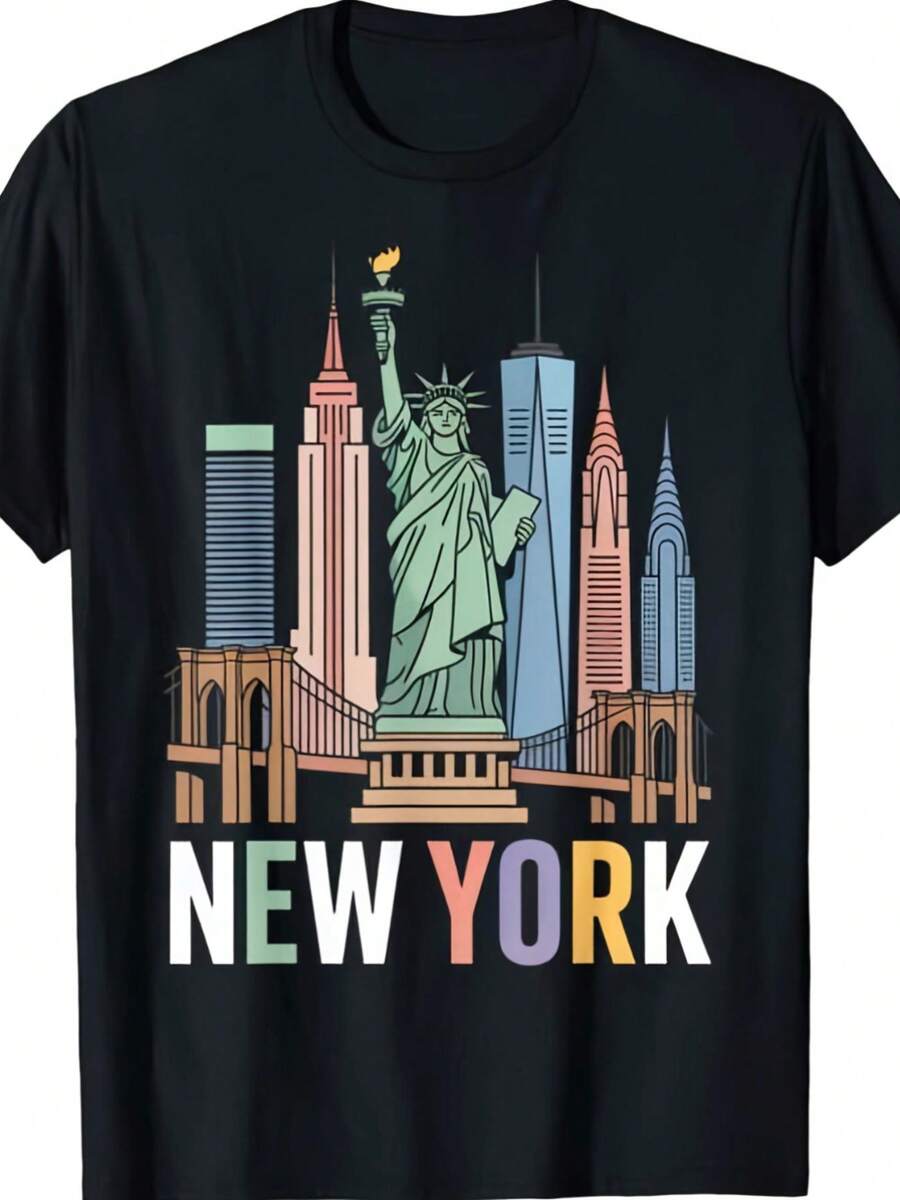 Camiseta unisex con diseño del horizonte de Nueva York - Con la icónica Estatua de la Libertad y el World Trade Center - Suave, transpirable, de corte holgado y estilo casual vintage con cue - negro - Ver 1