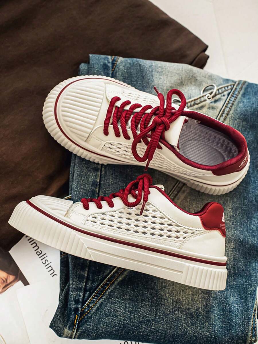 Men's Summer New Style Color-Block Mesh Thick Sole Sports Shoes, Breathable Woven Lace-Up Casual Sneakers, Thick Sole Skateboard Shoes, Versatile Daily Shoes, Breathable Lace-Up Casual Sports Shoes, Thick Sole Comfortable Shoes Suitable For Students And Daily Wear, White And Red Color-Block Thick Sole Mesh Sports Shoes, Retro Woven Lace-Up Casual Men's Shoes, Summer Breathable Versatile Fashion Sports Shoes - Mi Hong - View 1