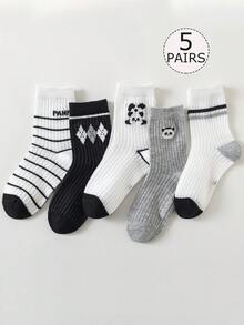 5双装儿童/男童卡通熊猫、字母、菱形、熊猫图案条纹中筒袜，舒适、运动、休闲风格，白色、灰色、黑色、多色、撞色、拼接设计，春夏款，轻薄可爱，适合学生日常穿着，返校季必备 - 彩色 - 查看 9