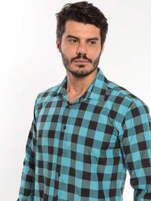 Men's Casual Long-Sleeved Plaid Shirt - 薄荷藍 - 查看 3