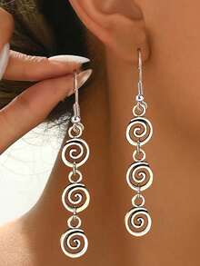 1 Pair Vintage Bohemian Style Minimalist Classic Round Spiral Heart Delicate Versatile Long Dangle Earrings For Women, Suitable For Daily Casual Wear, Vacation, Gift - Antique Silver - View 13