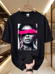 New  Cyber Pink Ink Female Portrait Art Print Mesh T-Shirt - Black - View 2