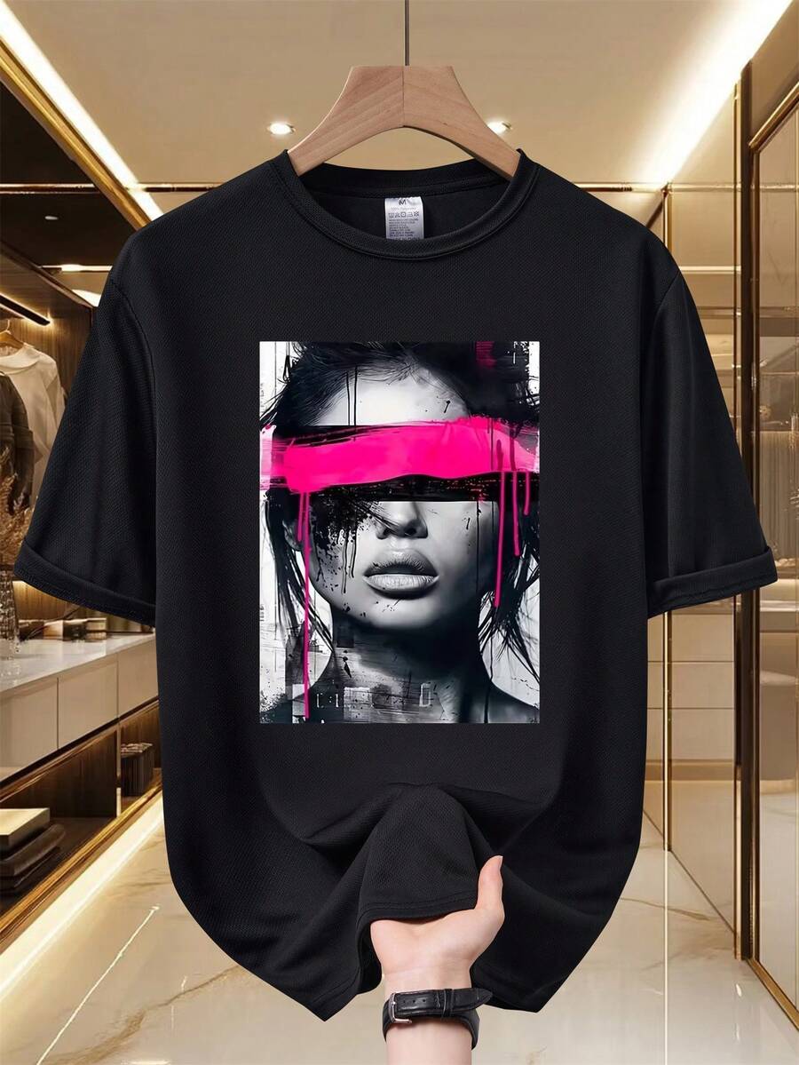 New  Cyber Pink Ink Female Portrait Art Print Mesh T-Shirt