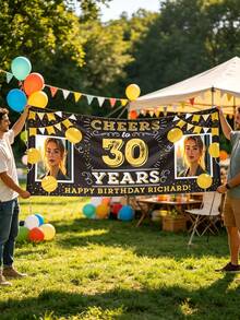Personalized Photo Birthday Banner Backdrop, Suitable For Adults, Events, Parties, Wedding Decoration Posters. Personalized Custom Birthday Party Backdrop, Can Add Photos And Text Decoration. Black And Gold Party Backdrop Birthday Decoration Supplies. Custom Birthday Photo Backdrop, Party Decoration. - Multicolor - View 6