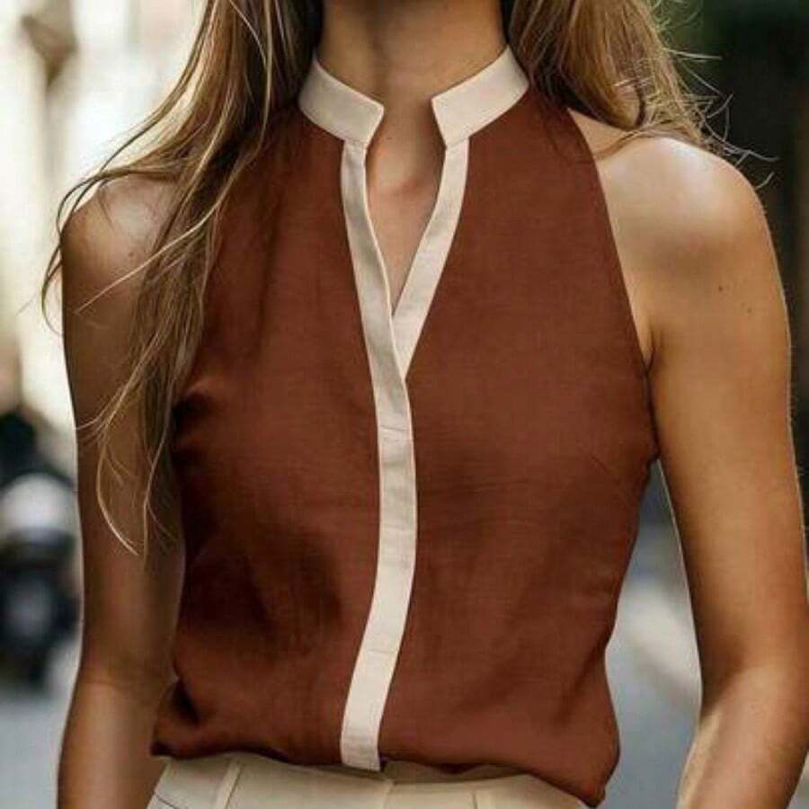 dahkjdgajy Camisa casual sin mangas con cuello de solapa y ribete de contraste para mujer, primavera/verano - Marrón - Ver 1
