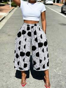 1pc Women's Fashion Versatile Commute Casual Polka Dot Wide Leg Capri Pants Daily Spring Summer Outfit Vacation - Grey - View 1