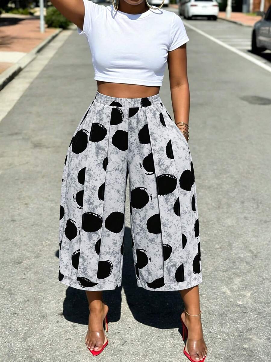 1pc Women's Fashion Versatile Commute Casual Polka Dot Wide Leg Capri Pants Daily Spring Summer Outfit Vacation - Grey - View 1