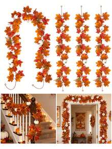 100/200 Cm Halloween Autumn Maple Leaf Vine, Artificial Maple Leaf Wreath With White Pumpkin Vine, Suitable For Indoor And Outdoor Party Decorations, Autumn Home Decorations, Room Decorations, Garden And Courtyard Fireplace Decorations - Multicolor - View 7