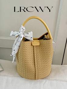 Women's Handbag Bucket Bag Fashion Versatile Elegant Solid Color Striped Yellow Bag With Scarf Suitable For Shopping And Commuting Includes Small Pouch - Yellow - View 3