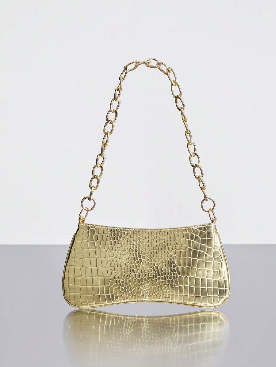 Rollcall New Fashion Solid Color PU Leather Underarm Chain Crocodile Embossed Envelope Bag, Gold Chain Bag For Summer - Gold - View 1
