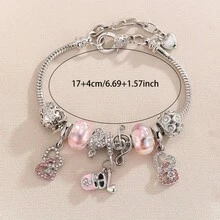 1pc Sweet Style Pink Tone Musical Note Beaded Bracelet With Hollow Heart Pendant Silver Snake Chain Adjustable Everyday Versatile Accessory - Musical Note Beaded Bracelet - View 5