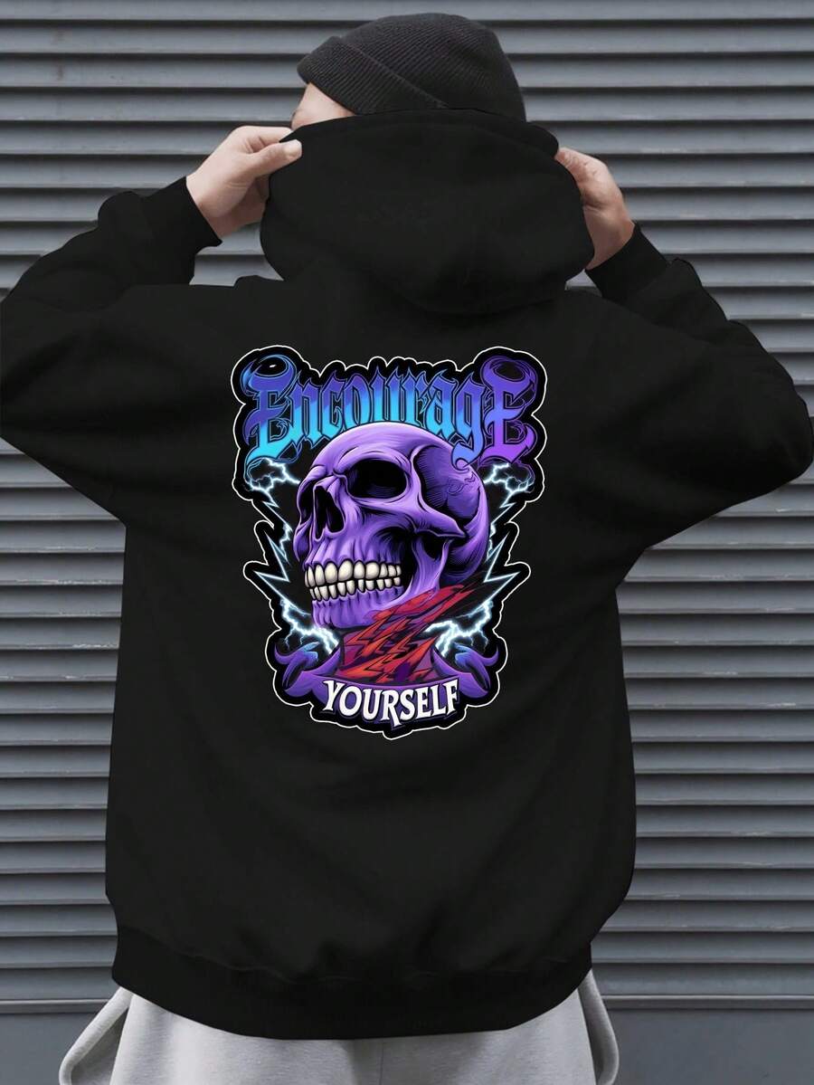 Diseño gráfico original, mangas largas, ajuste holgado, lavar a mano o limpiar en seco, moda de otoño & invierno, estilo callejero para hombres, pieza de declaración impactante con calavera & letras góticas, TALLA GRANDE - Negro - Ver 1
