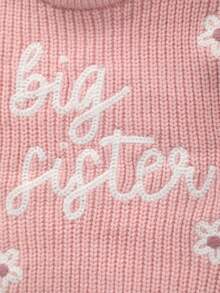 Baby Girl Soft Cute Big Sister Letter + Small Flower Embroidery Knit Romper - Pink - View 4