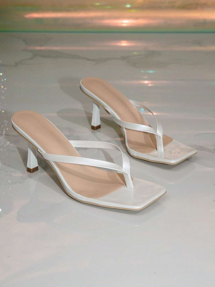 2026 Summer New Square Toe Toe-Clip High Heel Slides, European And American Style Versatile White Stiletto Heel Sandals For Women