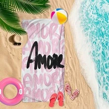 Amore 字母印花超細纖維沙灘巾，吸水快乾無毛屑浴巾，海邊游泳度假毛巾 - A - 查看 3