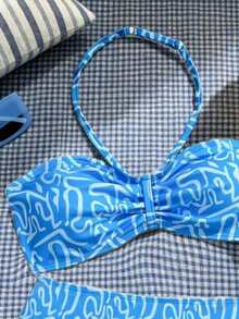 Teen Girl Abstract Pattern Halter Top And Bottom Bikini Set - Blue - View 5