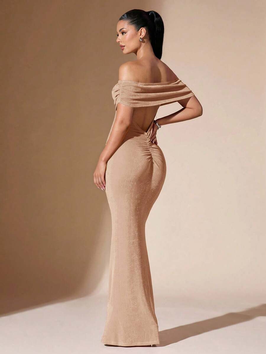 xheSHEIN Vestido elegante de sirena ajustado de un solo hombro, transparente y sin espalda para graduación, de unicolor para mujerxhe - Albaricoque - Ver 1
