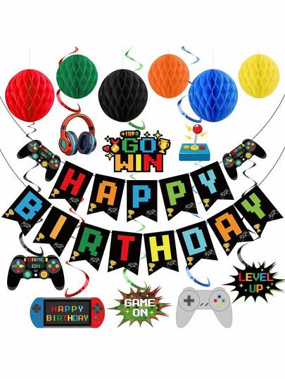 Video Game Birthday Decoration Game Theme Party Decoration Set Includes Happy Birthday Banner Hanging Rotating Honeycomb Balls Suitable For Game Theme Birthday Party