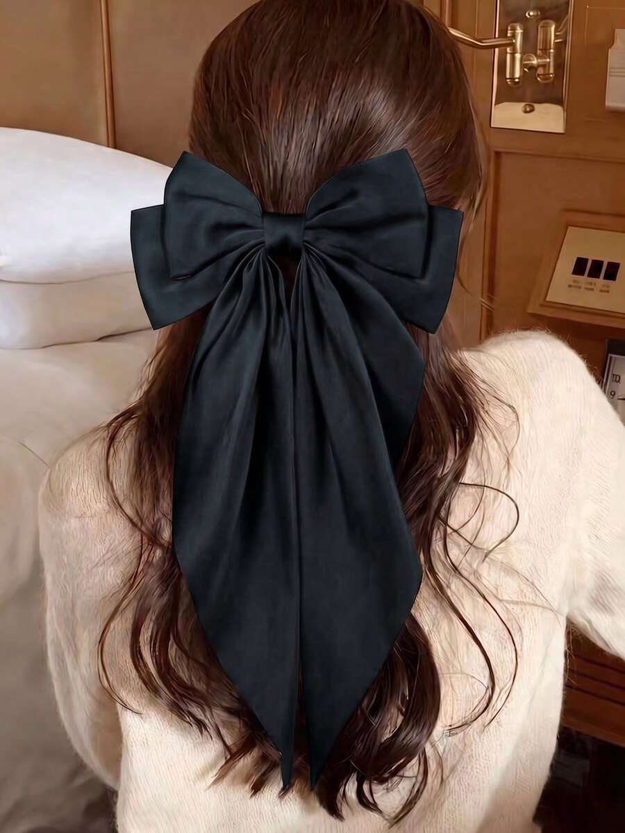 1個復古緞面長尾蝴蝶結彈性髮夾,優雅分層法式髮飾,適合女孩日常佩戴,抓夾 - 黑色 - 查看 1
