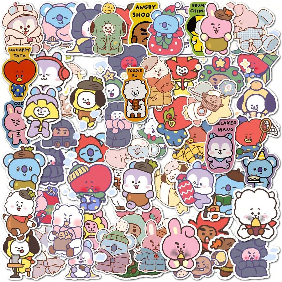 63/126片 BT/S 貼紙、K/POP 男團手機殼貼紙、防水貼紙、辦公用品、BT21 學校用品、X、DIY 貼紙、裝飾貼紙、BT/S 卡通貼紙、動漫主題貼紙，適用於手機和行李箱，也適用於筆記本、水瓶和吉他，適用於筆記本電腦、行李箱、手機和水瓶 - 彩色 - 查看 1