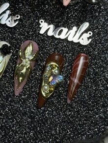 10入組手工全覆蓋尖形穿戴式假指甲，粉色&紅色&酒紅&奶白色，3D蝴蝶&花朵&金色裝飾，四種尺寸可選，Y2K奢華復古風，適合派對&日常，附果凍膠與指甲銼條 - 彩色 - 查看 6