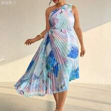 yonghongmaoyi1  Vestido sin mangas con estampado floral teñido anudado y bajo asimétrico, estilo de vacaciones para mujer de talla grande - Morado - Ver 3