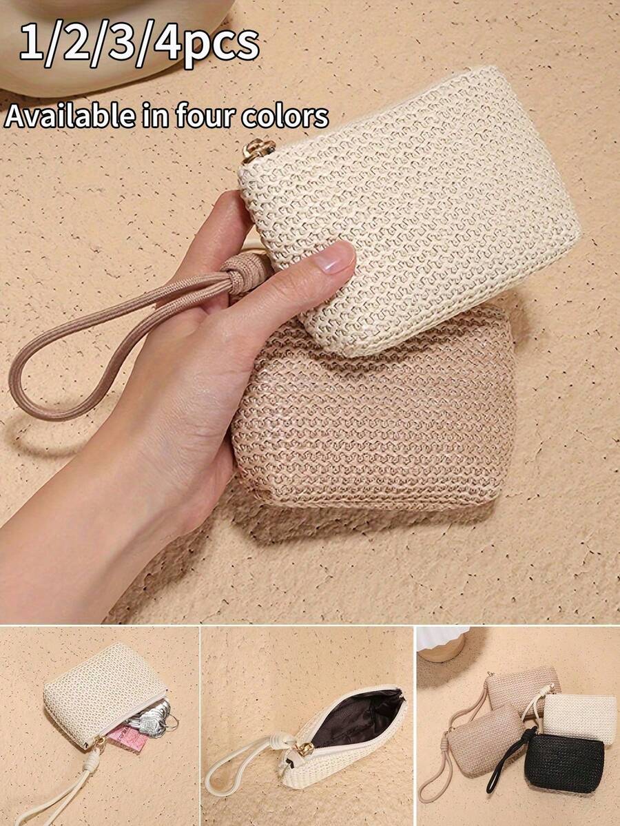 1/2/3/4 piezas Monedero de paja tejida para mujer, monedero pequeño portátil de mano con llavero, bolsa de almacenamiento para llaves y tarjetas, cartera pequeña de paja tejida, bolso de mano portátil, portallaves y portatarjetas, bolsa de almacenamiento colgante de mano, cartera para mujer, mini cartera, cartera de muñeca, monedero - Multicolor - Ver 1
