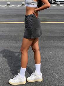女款休閒百搭純色牛仔迷你裙 黑色 夏季 - 黑色 - 查看 8