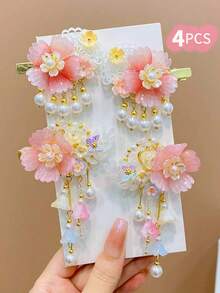 4pcs Vintage Floral Tassel Hair Clips - Pink - View 1