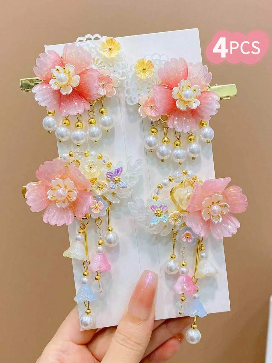 4pcs Vintage Floral Tassel Hair Clips - Pink - View 1