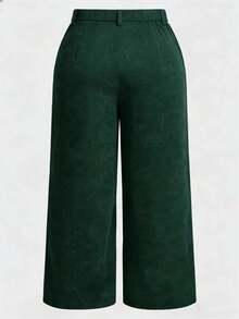 High Waist Solid Color Double Patch Pocket Straight Leg Plus Size Women Pants Solid Color Zipper Pocket Button - Dark Green - View 2