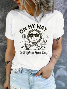 2026 Vintage Cotton Women's "Sunshine" Graphic T-Shirt, Funny Positive Message Tee, Loose Fit Casual Top - 白色 - 查看 1