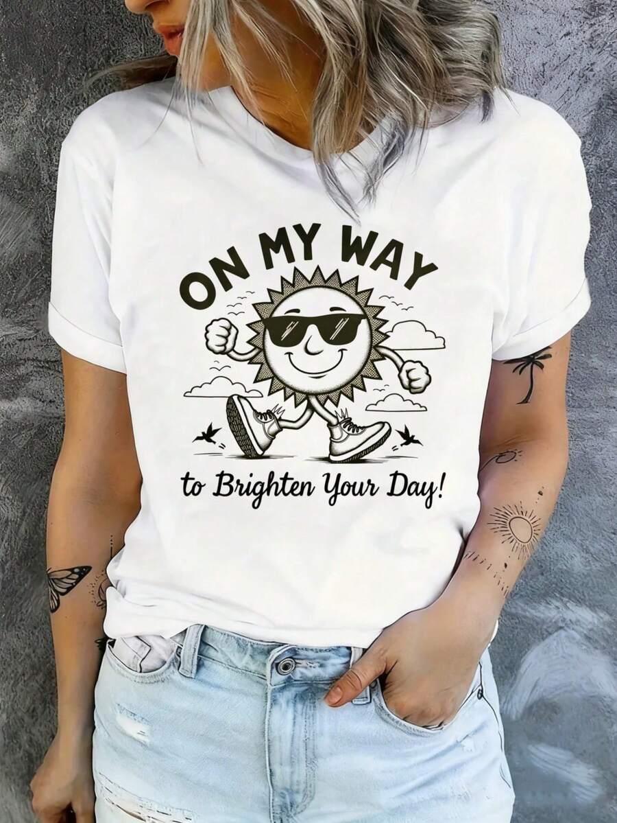 2026 Vintage Cotton Women's "Sunshine" Graphic T-Shirt, Funny Positive Message Tee, Loose Fit Casual Top - 白色 - 查看 1