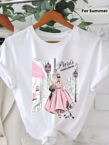 Creative Print T-Shirt, Casual Short Sleeve Round Neck Top For Spring And Summer - Black - View 1