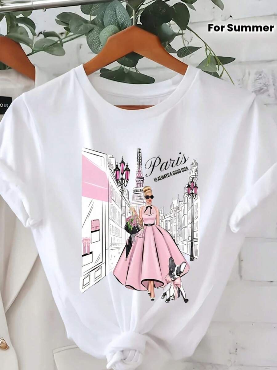 Creative Print T-Shirt, Casual Short Sleeve Round Neck Top For Spring And Summer - Black - View 1