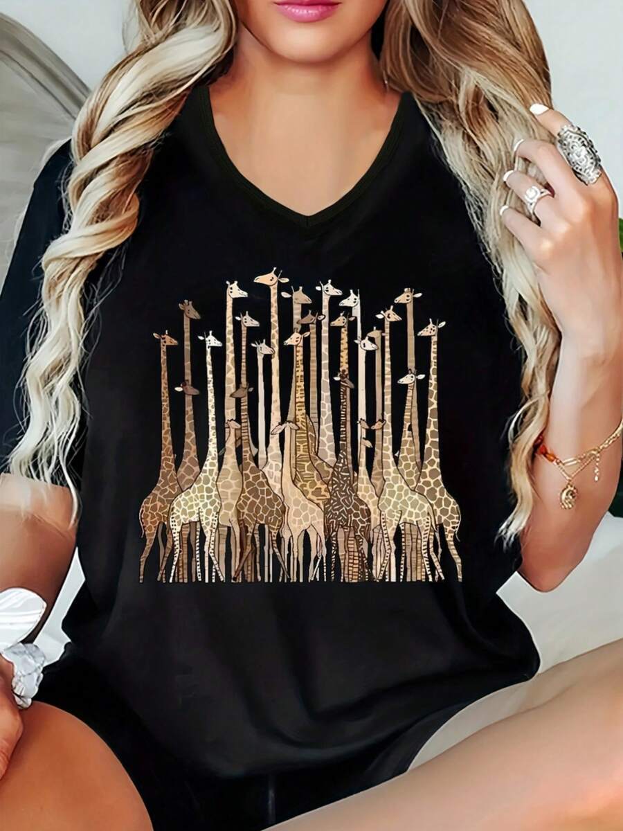 Women's Casual Graphic Print T-Shirt, Versatile Clothing For Spring, Summer And Autumn, Soft And Comfortable Crew Neck T-Shirt (Loose Fit, Please Refer To Size Chart) - 黑 - 查看 1