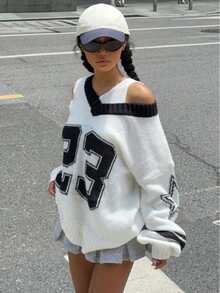 Plus Size Women's V-Neck Digital Print Dropped Shoulder Lantern Long Sleeve Casual Loose Pullover Sweater For Autumn And Winter - White - View 8