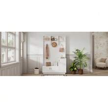 Hallway Set With Bench And Shoe Rack, Multifunctional Storage Bench With 3 Hanging Hooks And Open Storage Space, Rectangular Storage And Shelving Unit For Hallway, White, Dimensions: H200/W120/D40 Cm - 白色 - 查看 5