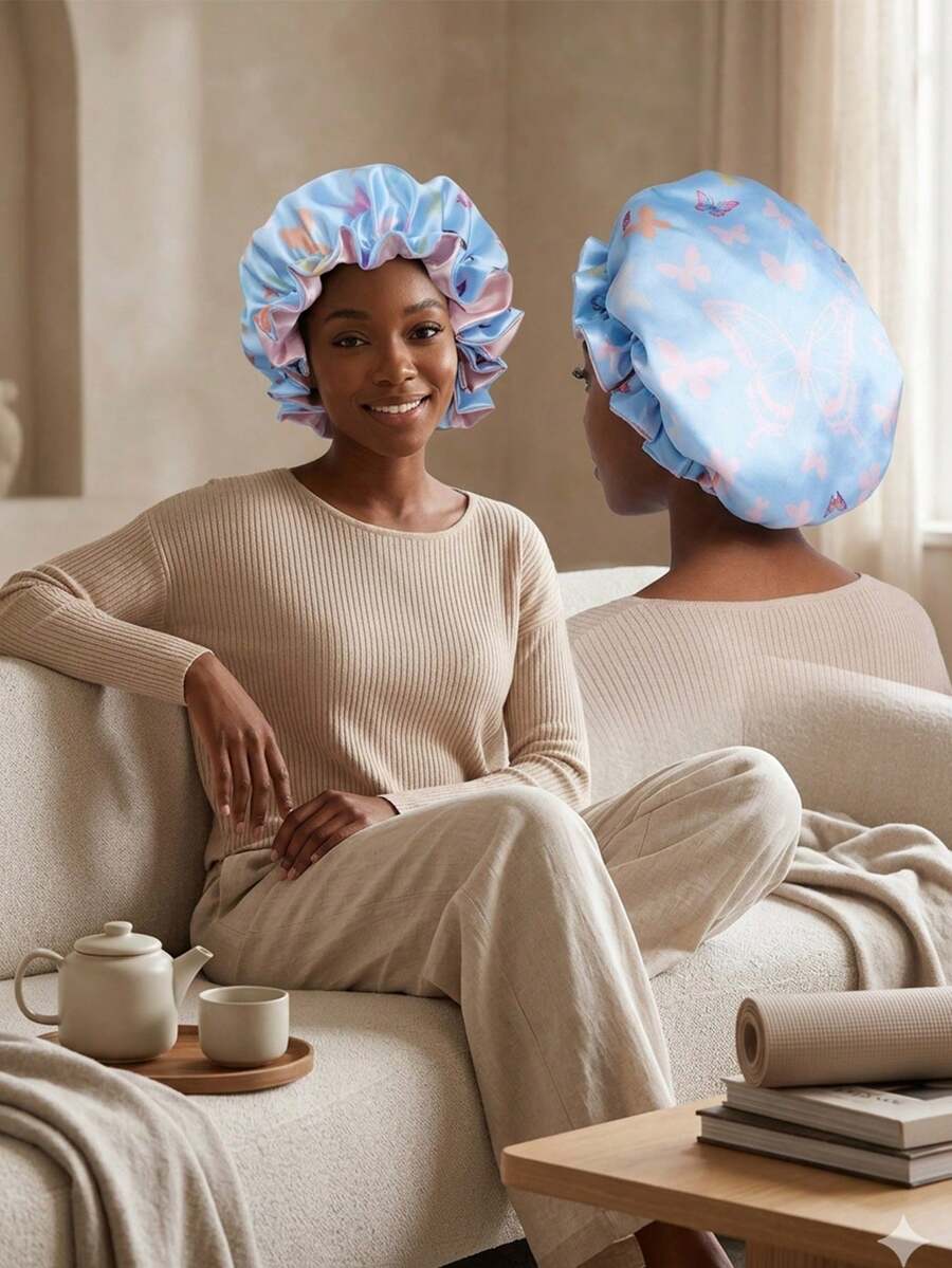 Gorro de dormir de satén de doble capa con bloques de color, gorro para peluca - Mariposa grande de color azul claro y rosa claro - Ver 1