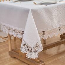 1pc White Lace Rectangular Jacquard Embroidered Floral Trim Tablecloth, Farmhouse Style For Autumn, Christmas, Wedding, Dining, Coffee, Outdoor/Indoor Gatherings And Holiday Table Decor - White - View 9
