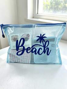 多色時尚網格海灘包，印有「Beach」椰子樹圖案，海灘主題。大容量透明化妝包，尼龍拉鍊盥洗包，輕巧，可存放防曬霜、零食、比基尼和海灘用品。春/夏儲物，適合游泳、海灘、潛水和夏季度假，學生返校，輕巧防曬儲物袋，適合朋友、家人、閨蜜、同學。完美禮物，多種顏色可選 - 彩色 - 查看 5
