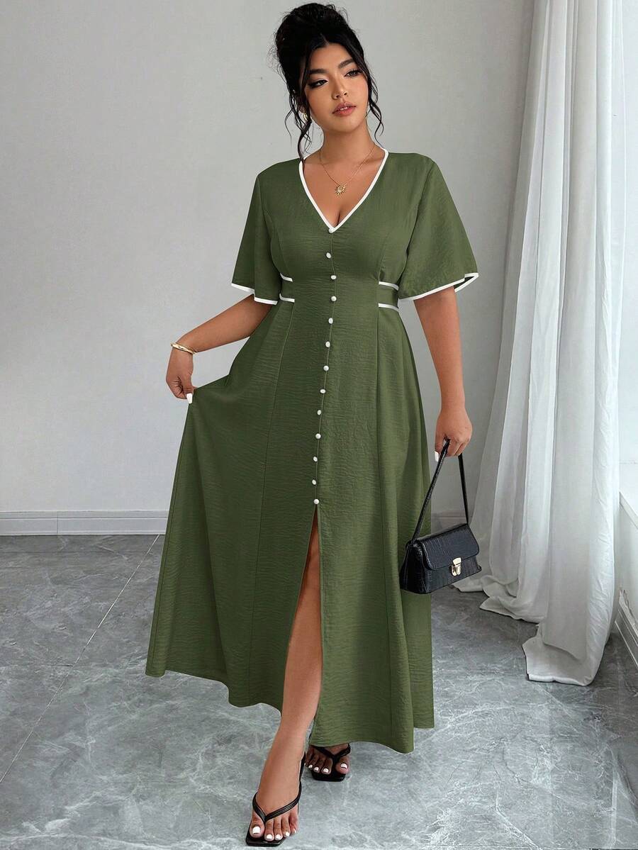 Vestido midi elegante de talla grande para mujer con cuello en V, contraste de ribete, mangas de vuelo y abertura alta en la cintura - Verde Oliva - Ver 1