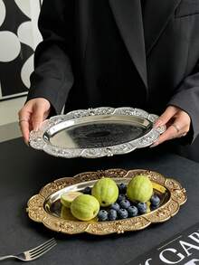 1pc French Vintage Relief Gold & Silver Rimmed Tray, Luxury Metal Jewelry Dish, Desktop Fragrance & Cosmetic Organizer, European Carved Metal Oval Tray, Vintage Relief Gold Rimmed Display Plate, Luxury Style Relief Pattern Metal Dish, Gold & Silver Contrast Design, Desktop Aromatherapy Jewelry & Afternoon Tea Tray - Multicolor - View 12