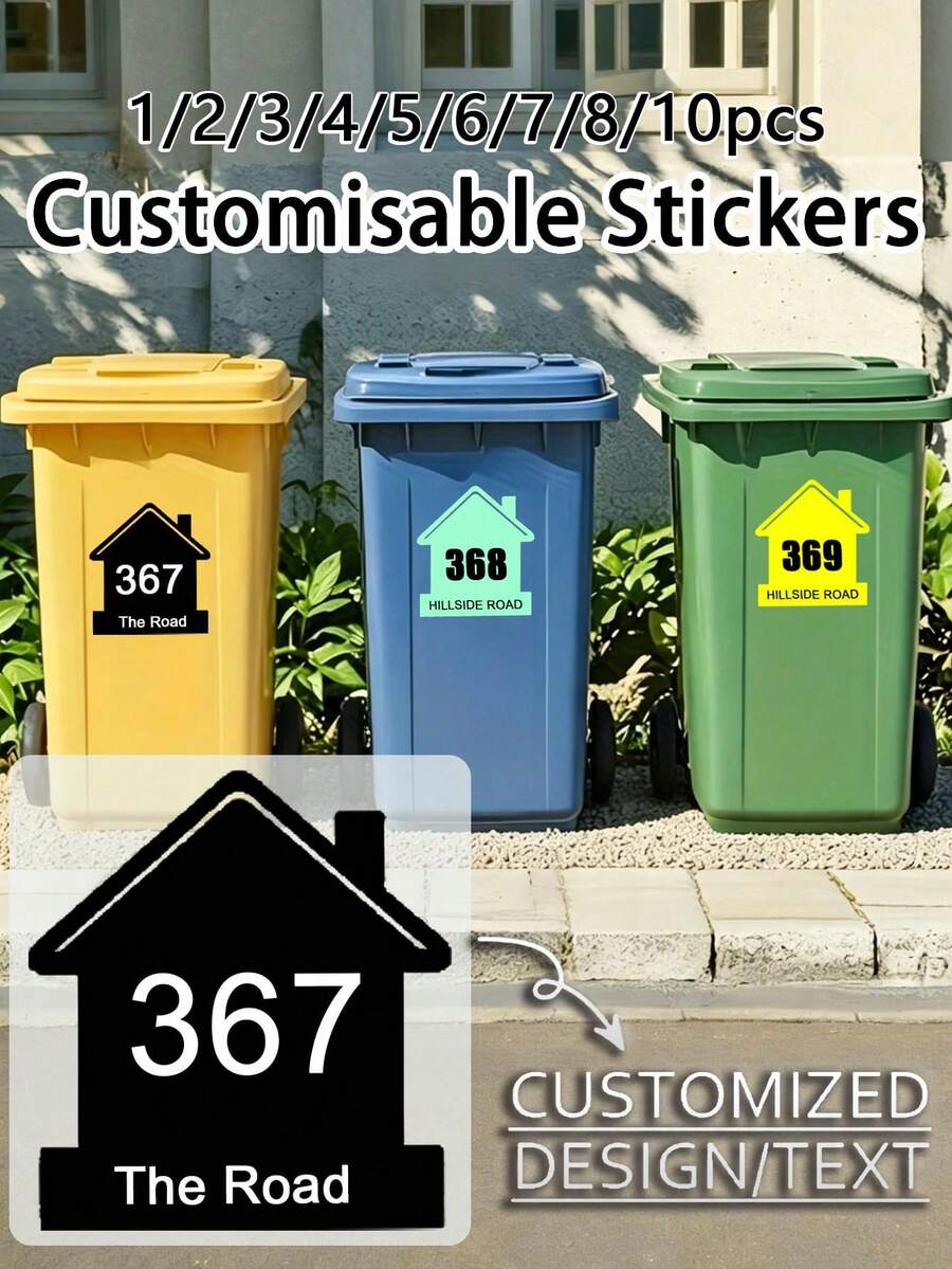 1/2/3/4/5/6/7/8/10件客製化垃圾桶標籤 & 輪式垃圾桶貼紙 - 建立一個包含您的門牌號碼和街道名稱的個性化垃圾桶。耐候性強且設計為平滑、牢固的黏著;採用高品質工藝以提供 - 彩色 - 查看 1