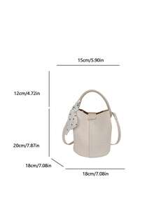 Women's Bucket Handbag, Fashionable Versatile Elegant Solid Color Striped White Bag With Scarf, Suitable For Shopping And Commuting, Includes Small Pouch - White - View 9